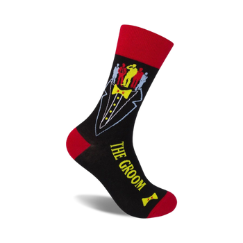 black crew socks with red trim and heel. tuxedo pattern with red bow tie on front. 4 men in black suits with red ties and yellow stick figures of groomsmen.   