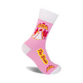 Pink crew socks with a white bride and groom design, yellow text 'The Bride', and pink crowns. 