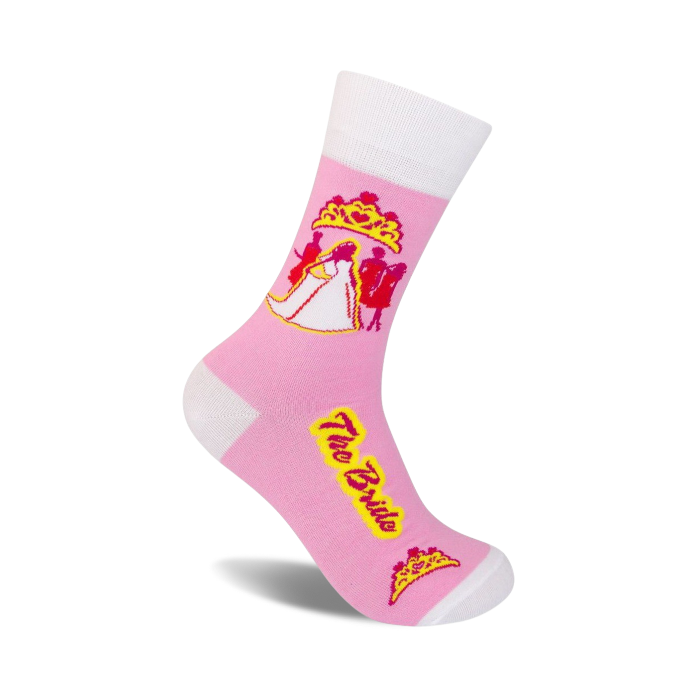 Pink crew socks with a white bride and groom design, yellow text 'The Bride', and pink crowns. 
