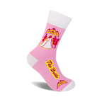 Pink crew socks with a white bride and groom design, yellow text 'The Bride', and pink crowns. 