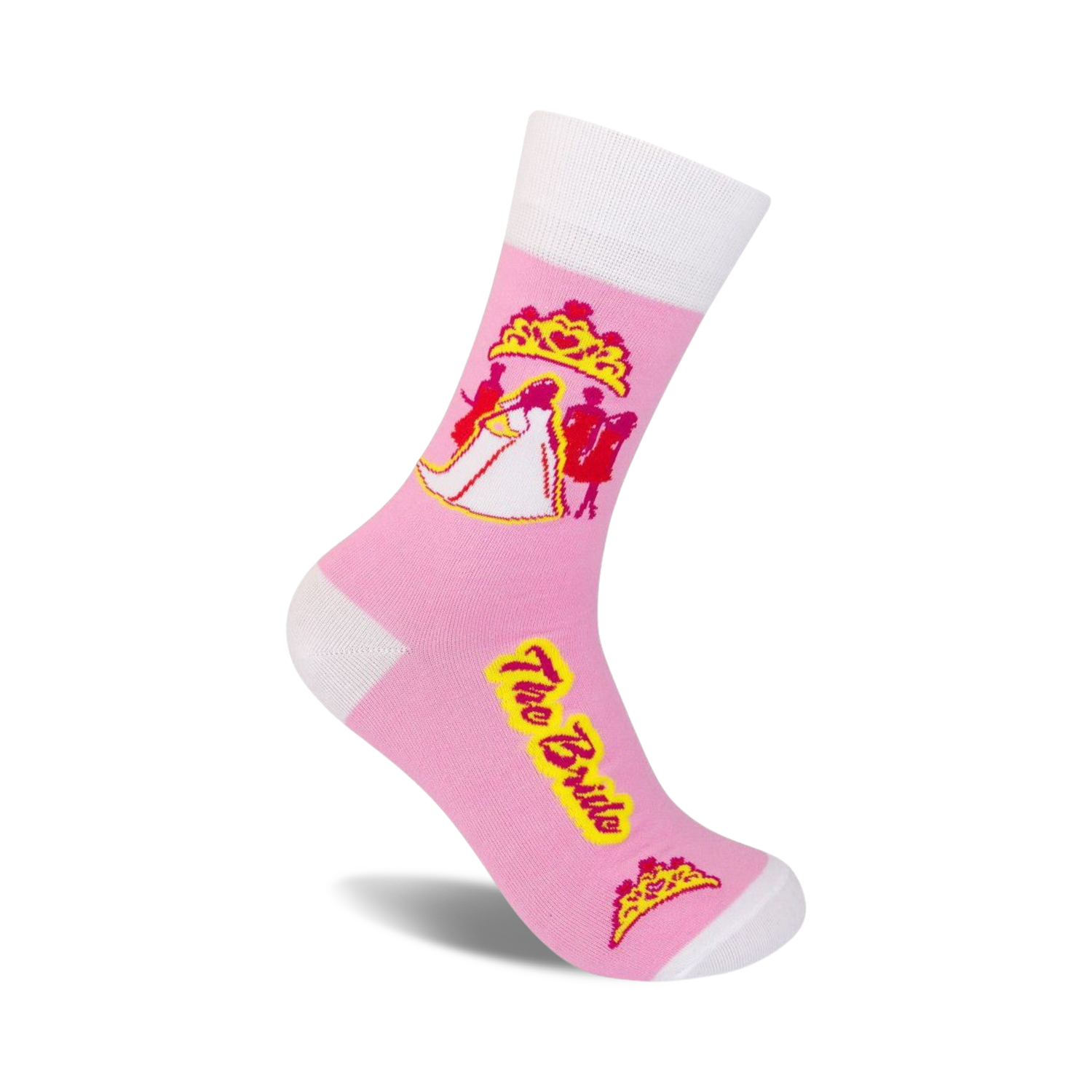 Pink crew socks with a white bride and groom design, yellow text 'The Bride', and pink crowns. 