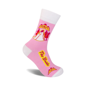 wedding themed pink and white crew socks with bride and groom design. for women.  