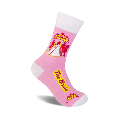 wedding themed pink and white crew socks with bride and groom design. for women.  