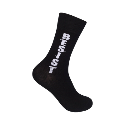 Black crew socks with a vertically oriented white 'RESIST' graphic.  A bold statement for everyday wear.