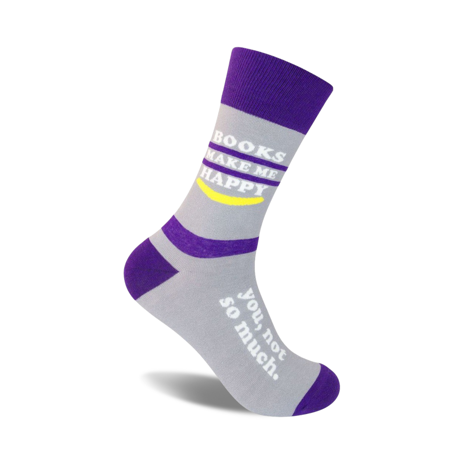 Crew socks in gray and purple with white text reading, 'Books Make Me Happy' and 'You, not so much.' A yellow smiley face is also featured.
