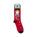Product shot of 'Bye Felicia' socks on their packaging card. Shows full sock design and branding.