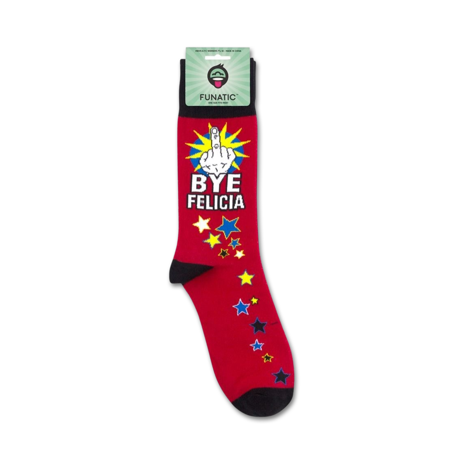 Product shot of 'Bye Felicia' socks on their packaging card. Shows full sock design and branding.