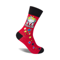 Red crew socks with a black cuff, featuring a yellow middle finger, 'Bye Felicia' text, and multicolored stars.