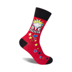Red crew socks with a black cuff, featuring a yellow middle finger, 'Bye Felicia' text, and multicolored stars.