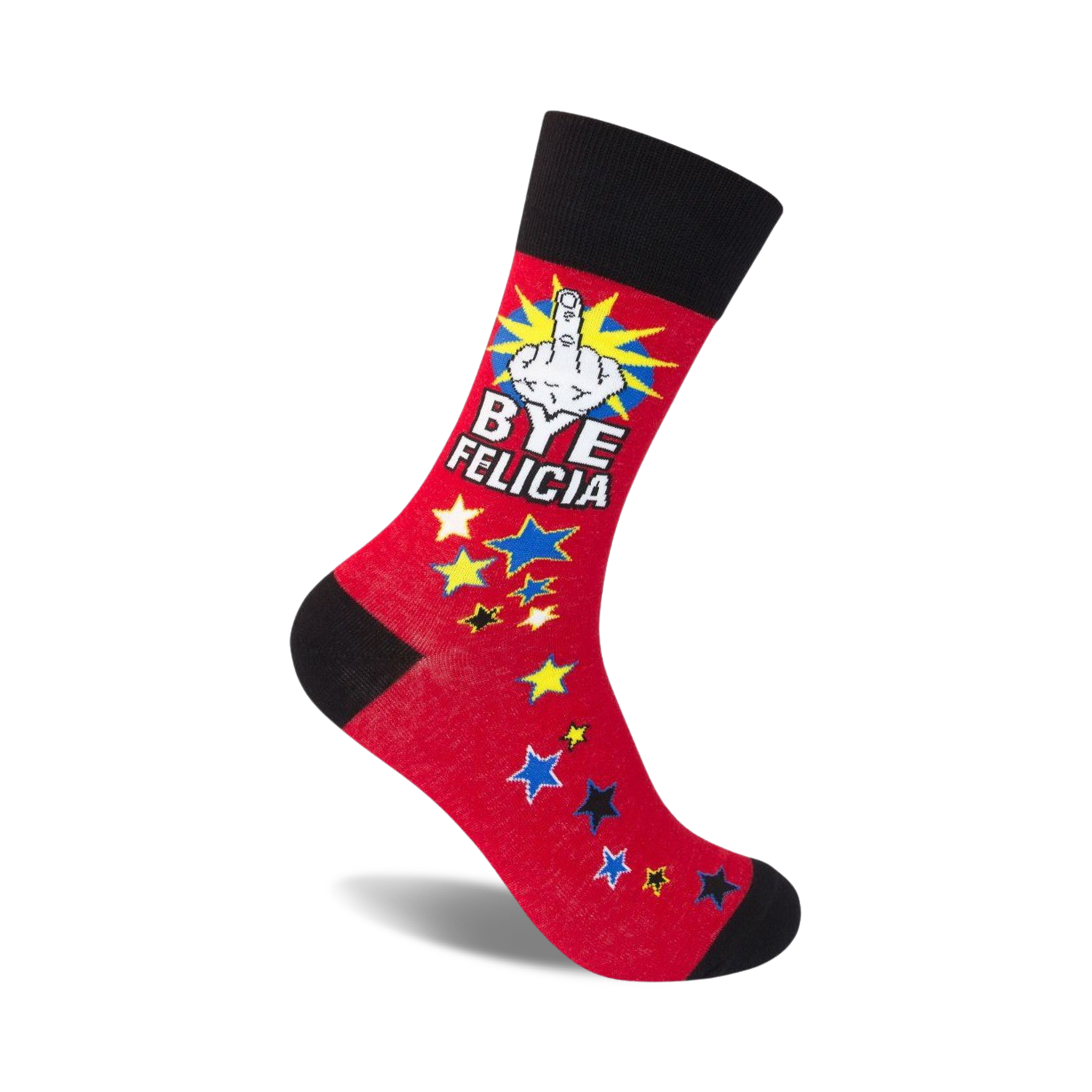 Red crew socks with a black cuff, featuring a yellow middle finger, 'Bye Felicia' text, and multicolored stars.
