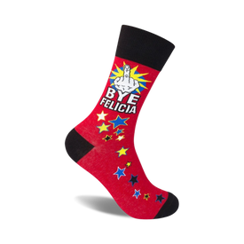 bye felicia crew socks: red socks with black toes and heels, yellow middle finger graphic with 'bye felicia' text, multi-colored stars.  