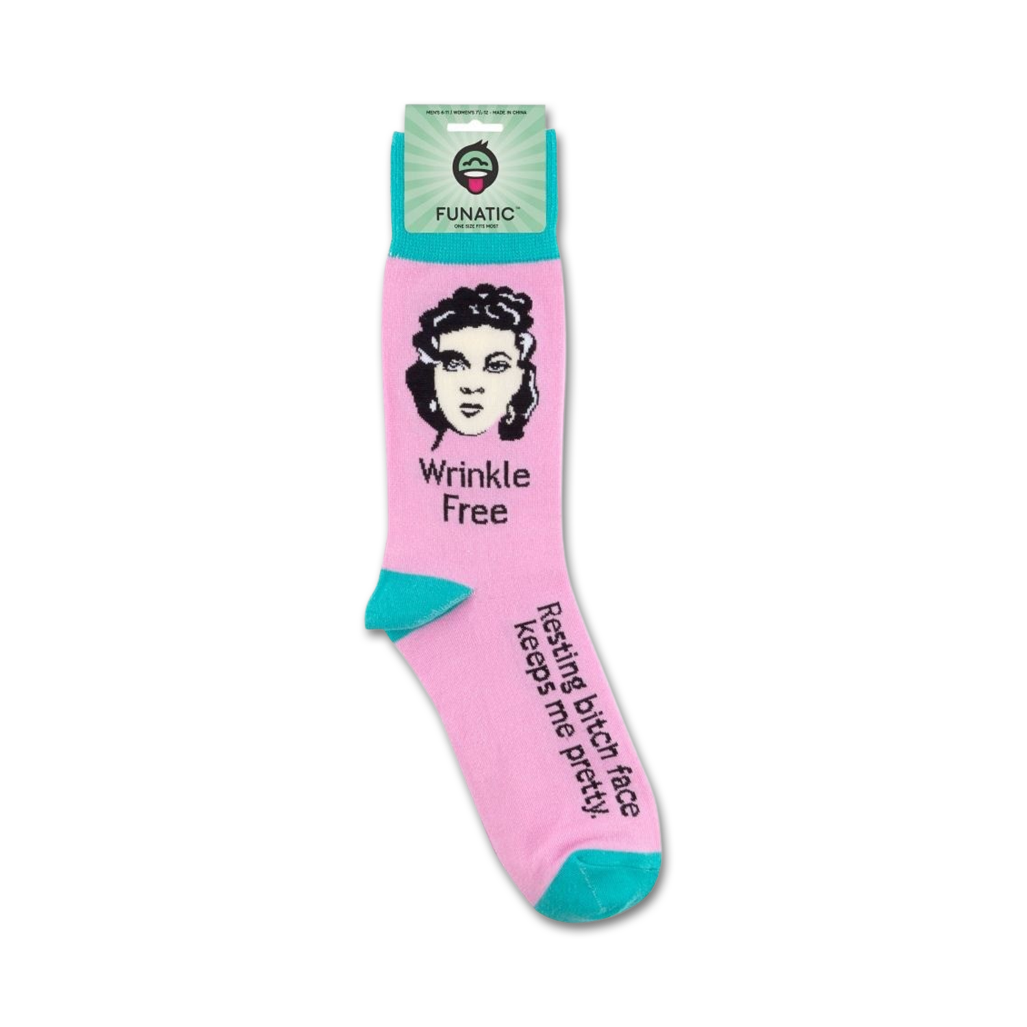 Product shot of 'Wrinkle-Free, Resting Bitch Face Keeps Me Pretty' socks on their packaging.