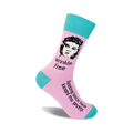 Pink and teal crew socks with a black and white illustration of a woman and the text 'Wrinkle Free' and 'Resting bitch face keeps me pretty'.
