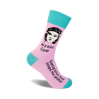 Pink and teal crew socks with a black and white illustration of a woman and the text 'Wrinkle Free' and 'Resting bitch face keeps me pretty'.