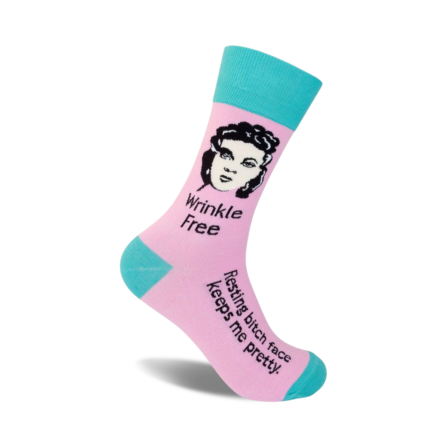 Pink and teal crew socks with a black and white illustration of a woman and the text 'Wrinkle Free' and 'Resting bitch face keeps me pretty'.