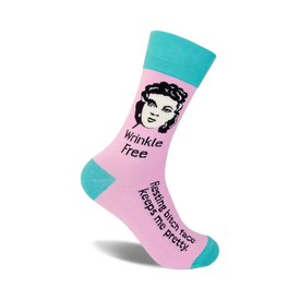 wrinkle-free, resting bitch face keeps me pretty funny themed womens pink novelty crew socks