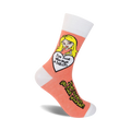 Crew socks in peach and white featuring a cartoon girl and the text 'I'm not always a bitch, Just Kidding, Go Fuck Yourself!'