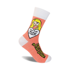 Crew socks in peach and white featuring a cartoon girl and the text 'I'm not always a bitch, Just Kidding, Go Fuck Yourself!'
