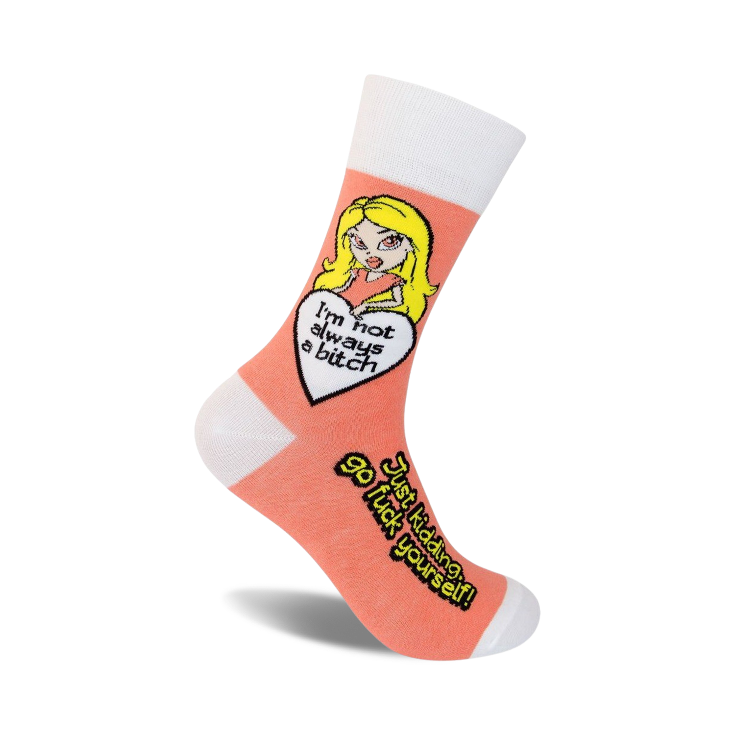 Crew socks in peach and white featuring a cartoon girl and the text 'I'm not always a bitch, Just Kidding, Go Fuck Yourself!'