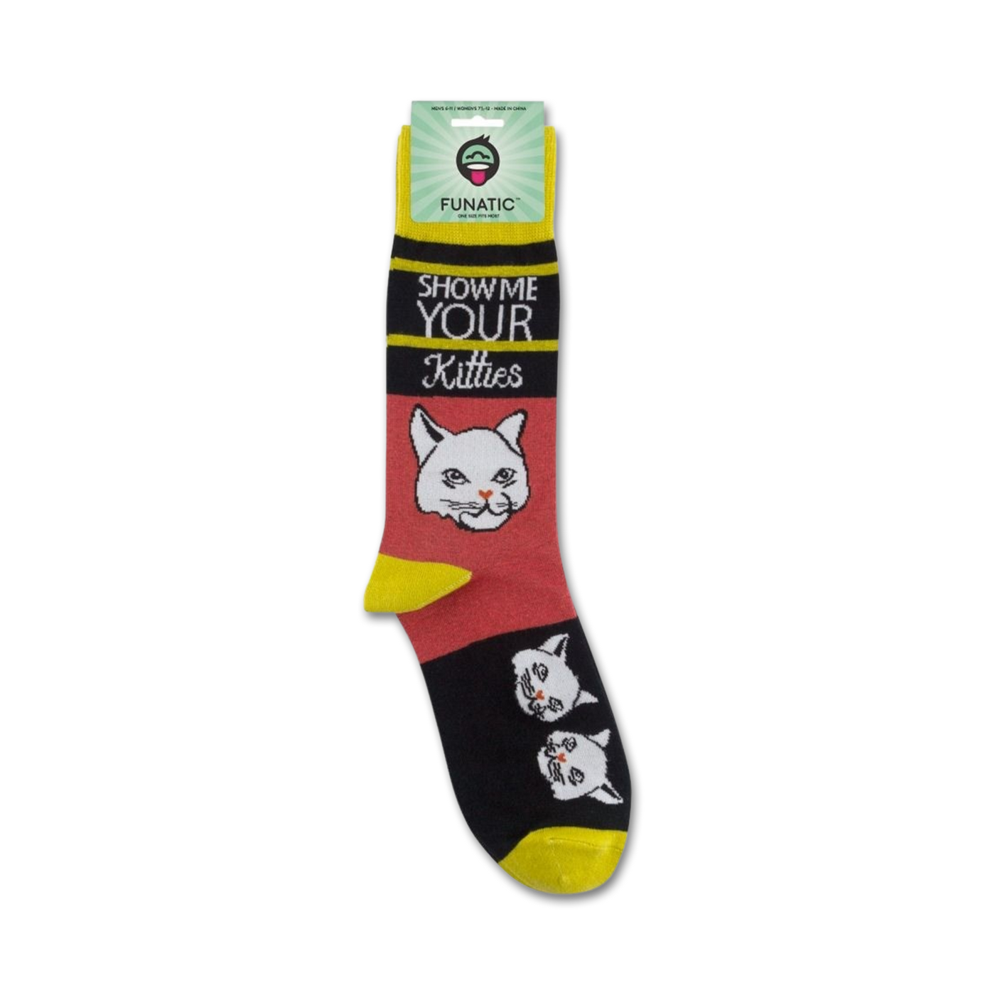 Product shot of 'Show Me Your Kitties' socks on a white background; shows packaging and sock details.