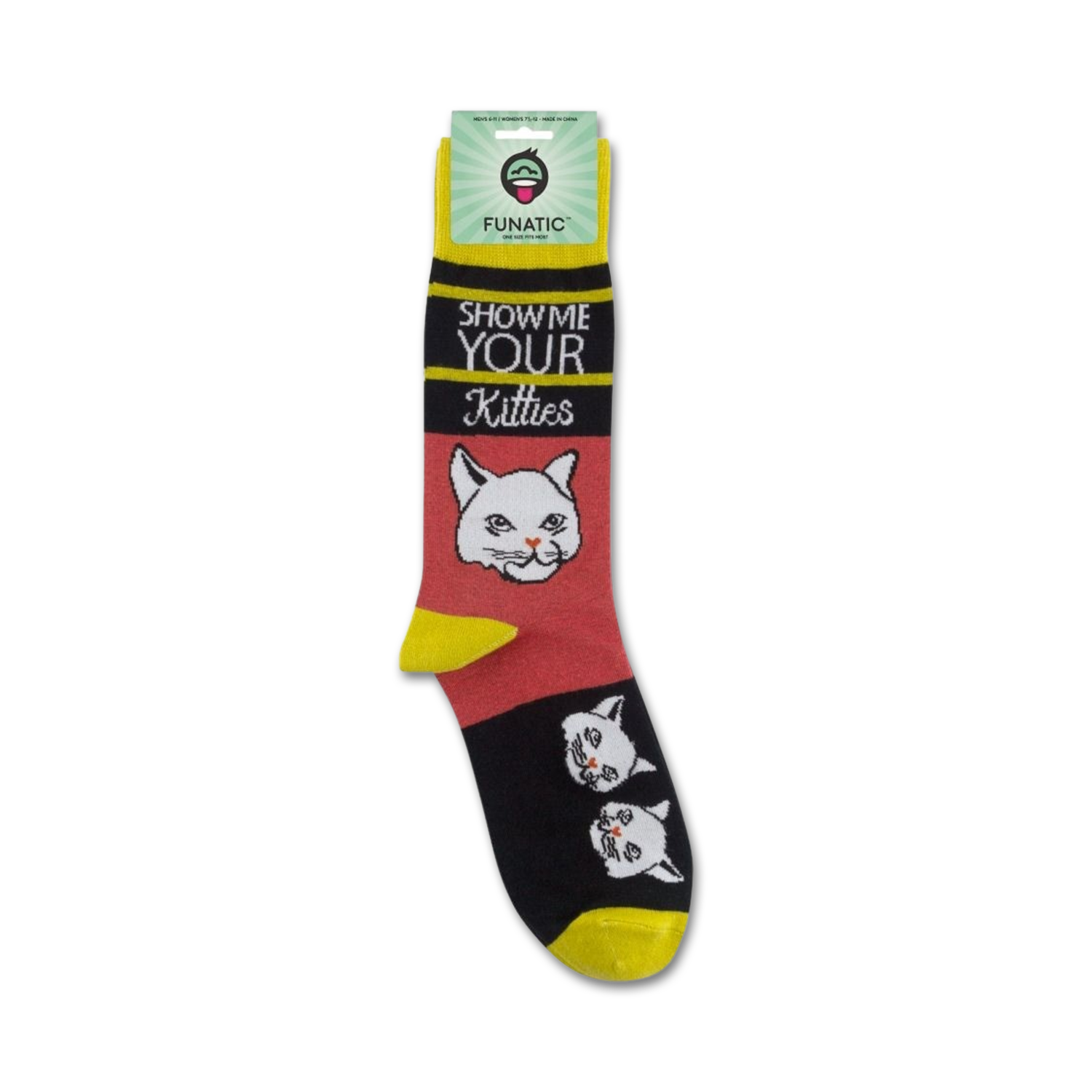 Product shot of 'Show Me Your Kitties' socks on a white background; shows packaging and sock details.