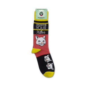 A pair of socks with a picture of a cat on them. The socks are red, black, and yellow. The cat is white with black eyes and a pink nose. The socks have the words 