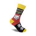 Crew socks in yellow, red, and black, featuring a bold 'Show Me Your Kitties' graphic with playful cat faces.
