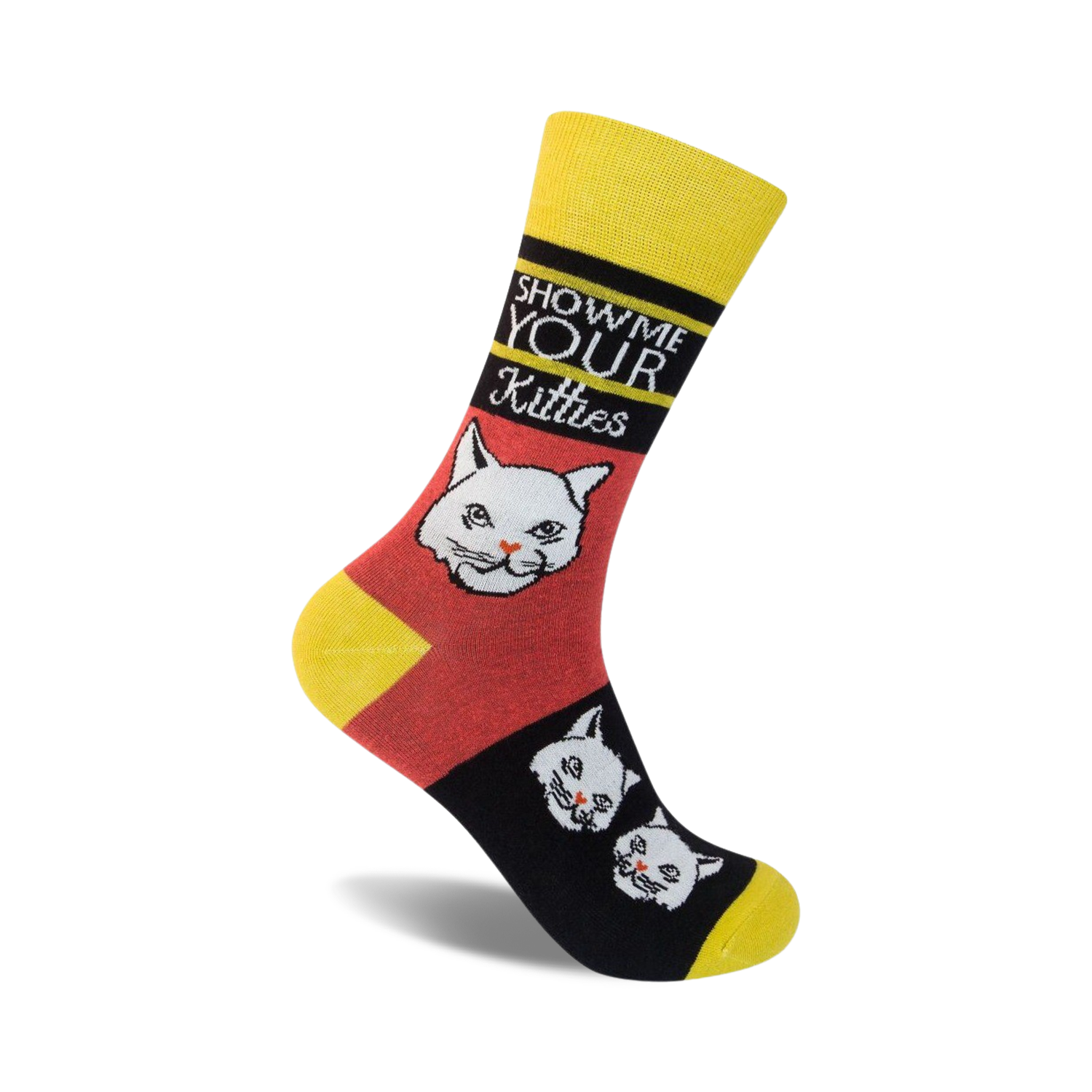 Crew socks in yellow, red, and black, featuring a bold 'Show Me Your Kitties' graphic with playful cat faces.