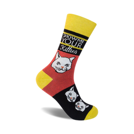  yellow, red, black, and white crew socks with 'show me your kitties' text and cartoon cat graphics.   