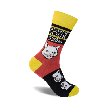  yellow, red, black, and white crew socks with 'show me your kitties' text and cartoon cat graphics.   