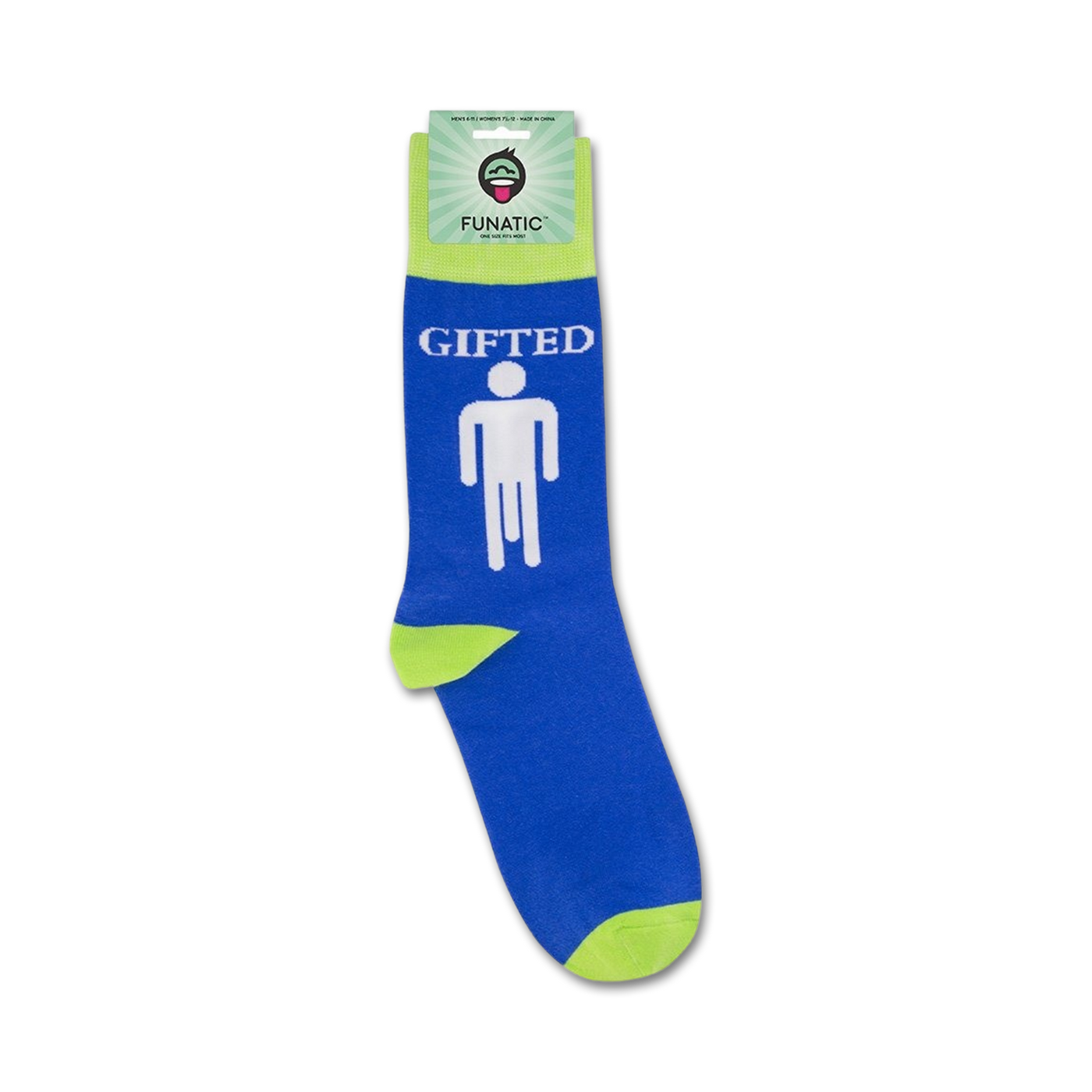 A lifestyle shot of the 'Gifted' socks on a package with the Funatic brand label.