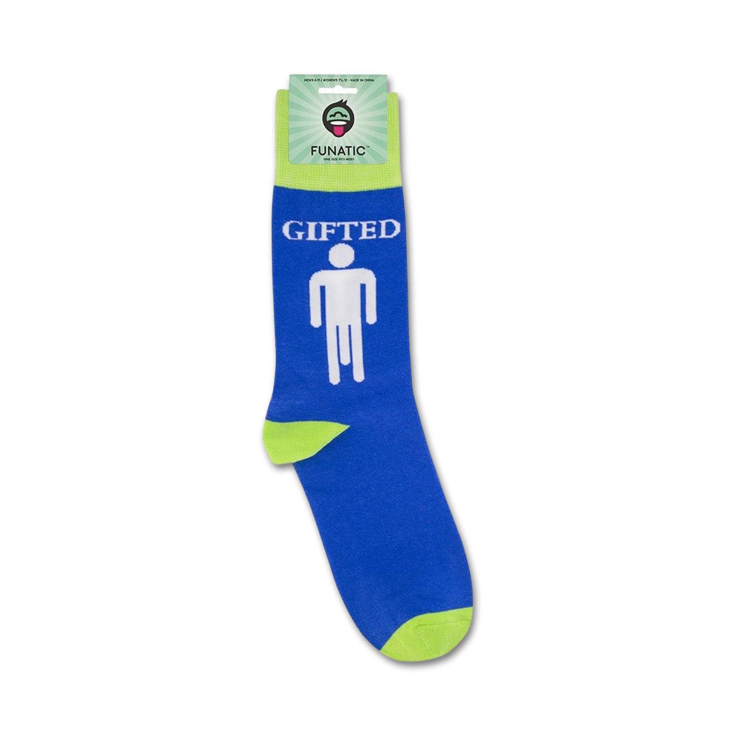 A lifestyle shot of the 'Gifted' socks on a package with the Funatic brand label.