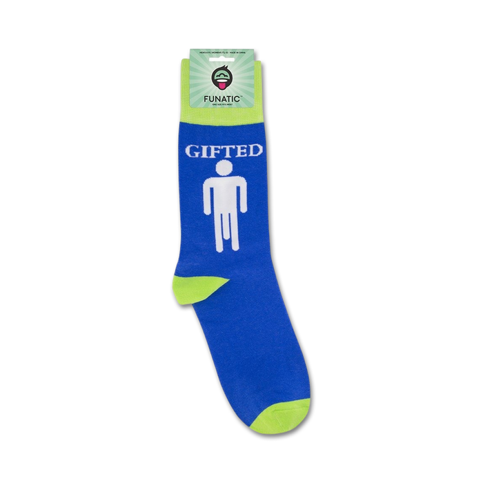 A pair of blue socks with the word 