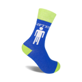 A pair of blue and lime green crew socks featuring a white 'gifted' graphic with a stick figure. Fun and quirky!