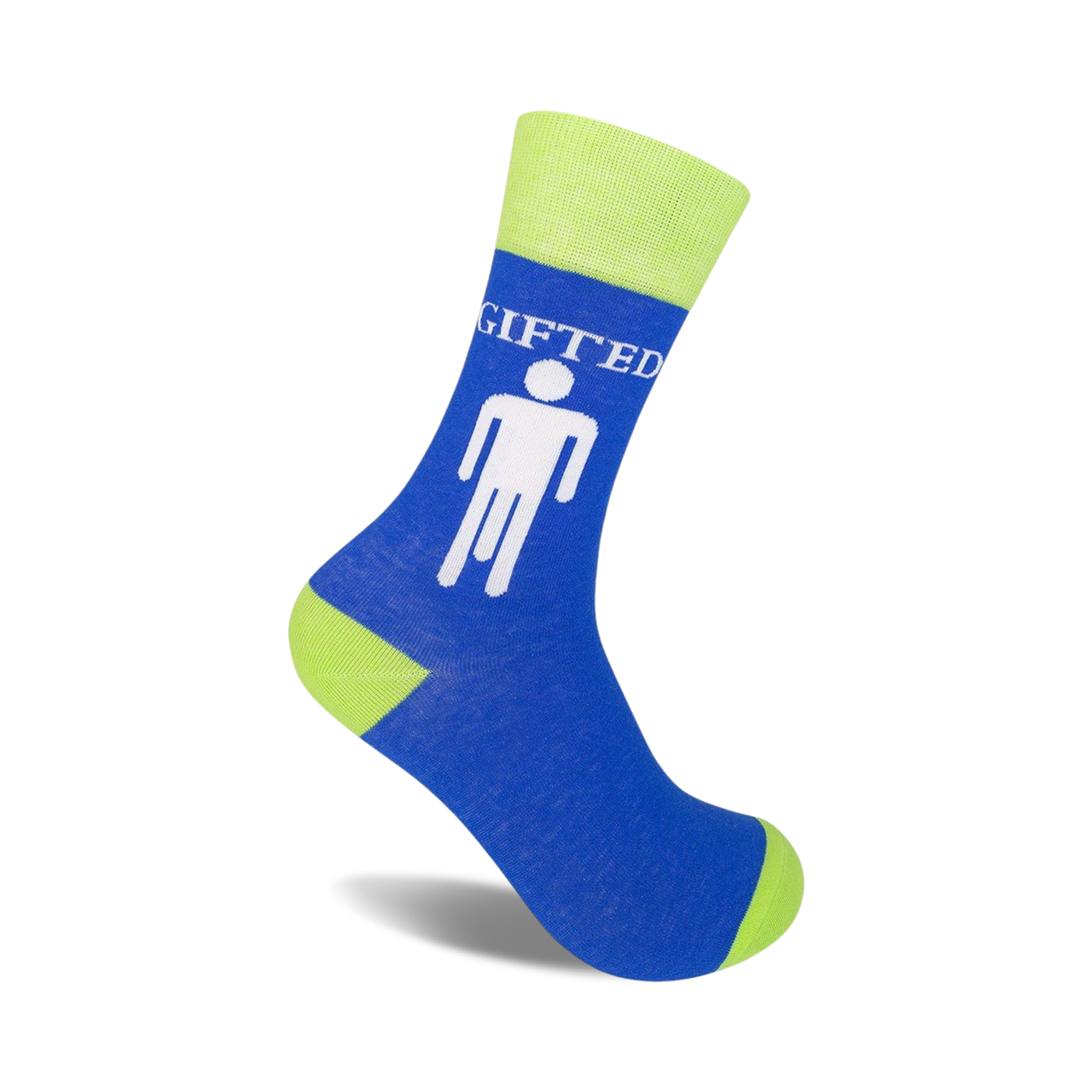A pair of blue and lime green crew socks featuring a white 'gifted' graphic with a stick figure. Fun and quirky!