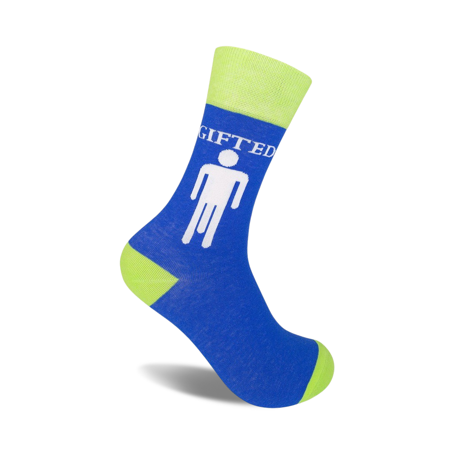A pair of blue and lime green crew socks featuring a white 'gifted' graphic with a stick figure. Fun and quirky!