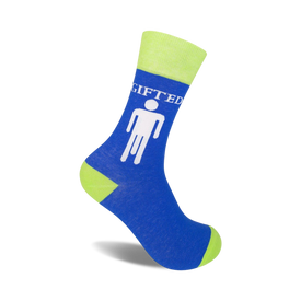   blue crew socks feature a stick figure labeled "gifted" printed on the side. neon green toes and heels.   