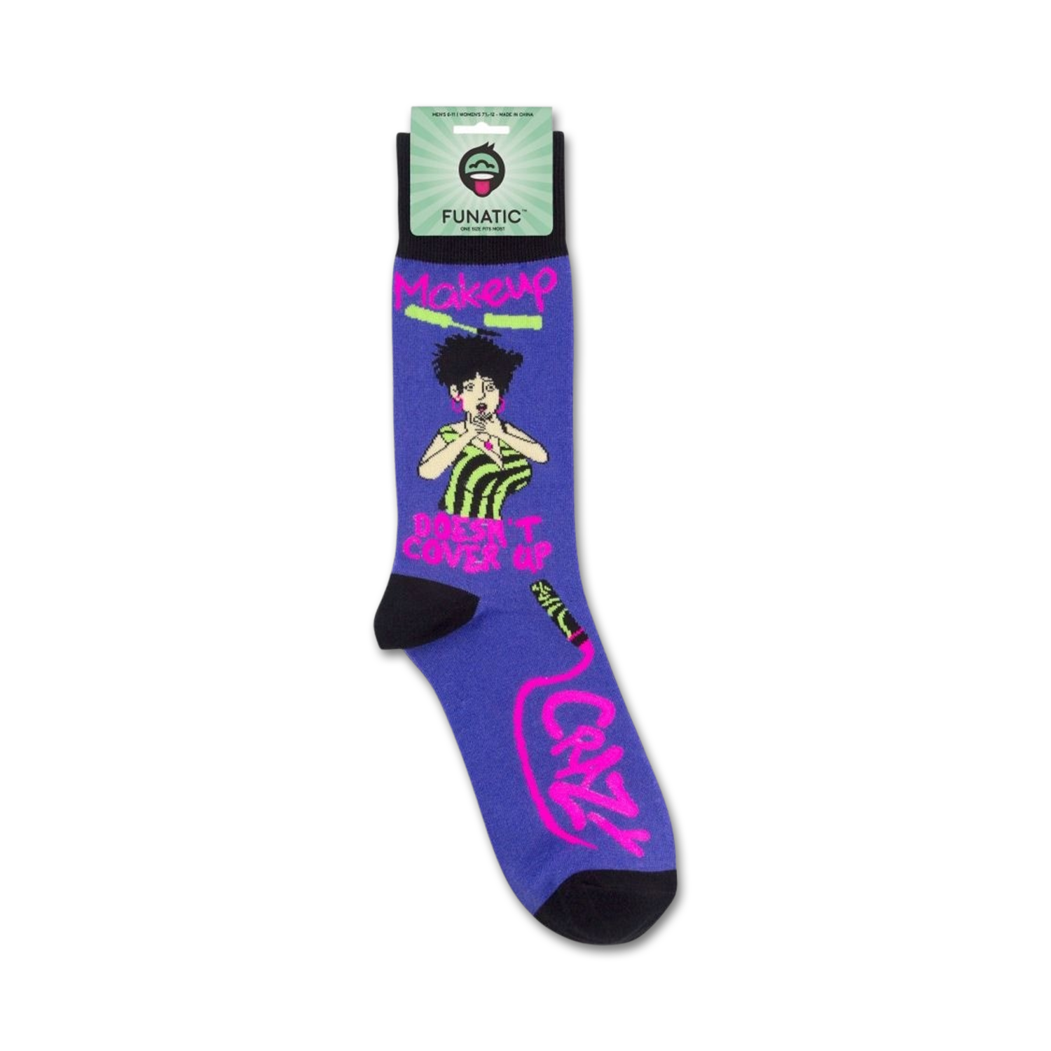 Product shot showing the 'Makeup Doesn't Cover Up Crazy' socks on a retail card.