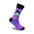 Purple crew socks with a black cuff.  They feature a retro-style graphic of a woman and the text, 'Makeup Doesn't Cover Up Crazy' in neon pink and green.