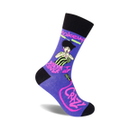Purple crew socks with a black cuff.  They feature a retro-style graphic of a woman and the text, 'Makeup Doesn't Cover Up Crazy' in neon pink and green.