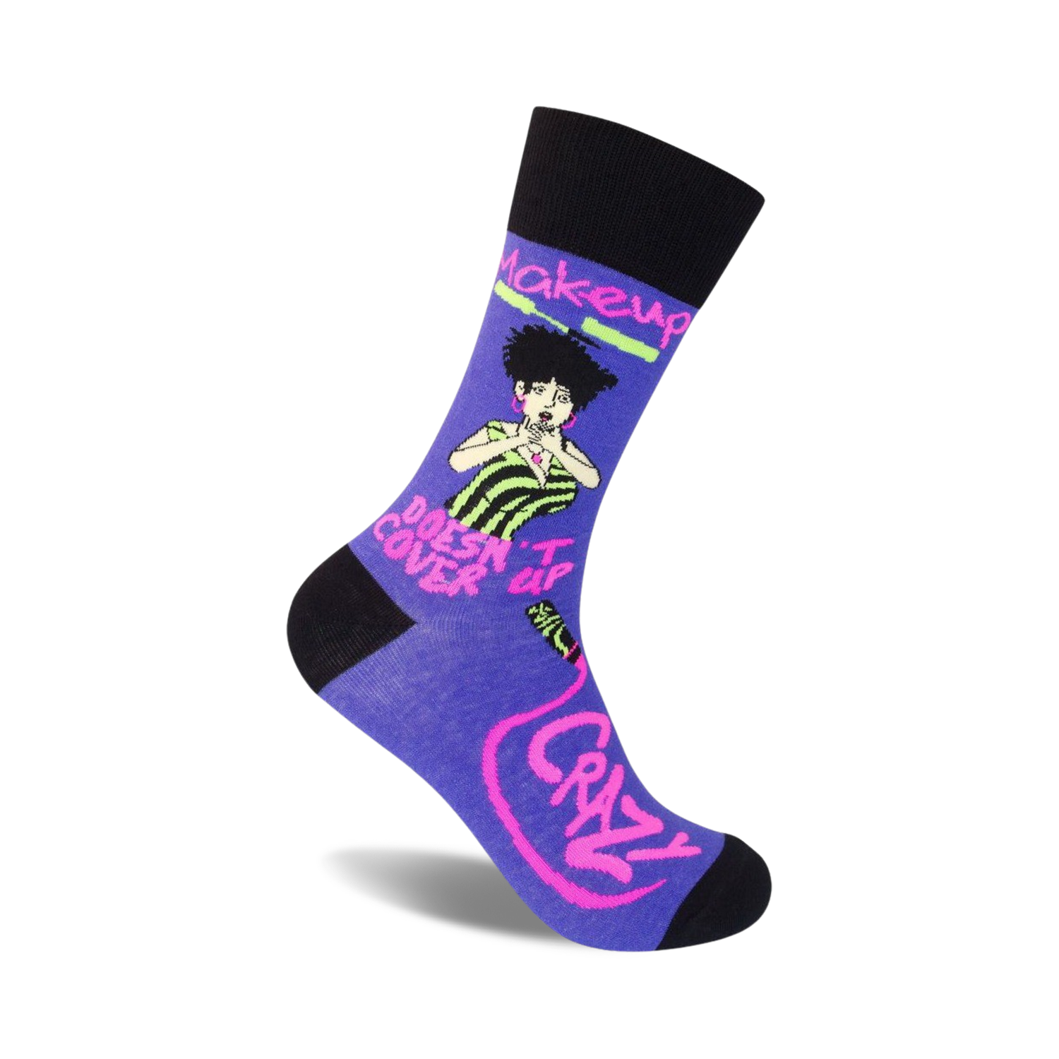 Purple crew socks with a black cuff.  They feature a retro-style graphic of a woman and the text, 'Makeup Doesn't Cover Up Crazy' in neon pink and green.