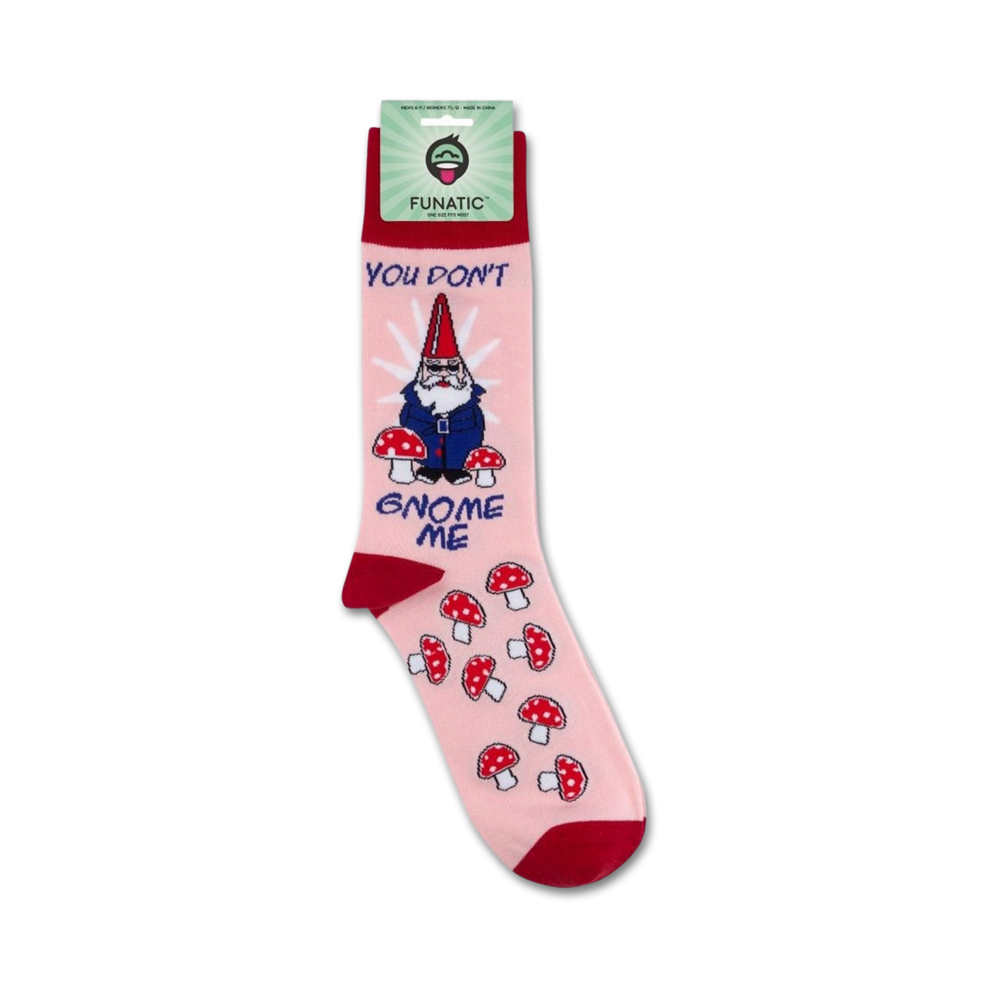 Lifestyle shot showing the 'You Don't Gnome Me' socks on a person's feet, highlighting the sock's design and fit.