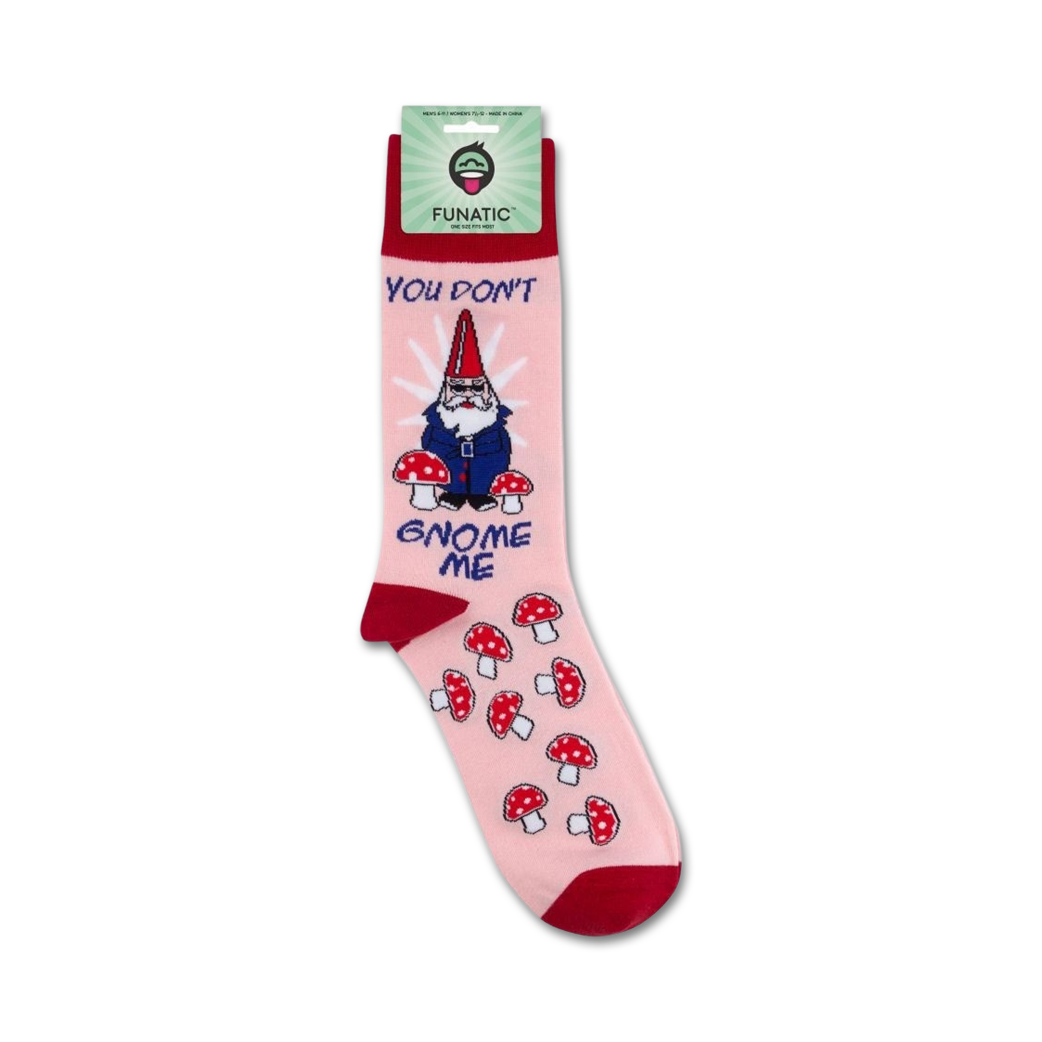 Lifestyle shot showing the 'You Don't Gnome Me' socks on a person's feet, highlighting the sock's design and fit.
