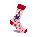 Pink crew socks with a red cuff, featuring a cartoon gnome in sunglasses and mushrooms. Text reads, 'You Don't Gnome Me'.