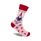 Pink crew socks with a red cuff, featuring a cartoon gnome in sunglasses and mushrooms. Text reads, 'You Don't Gnome Me'.