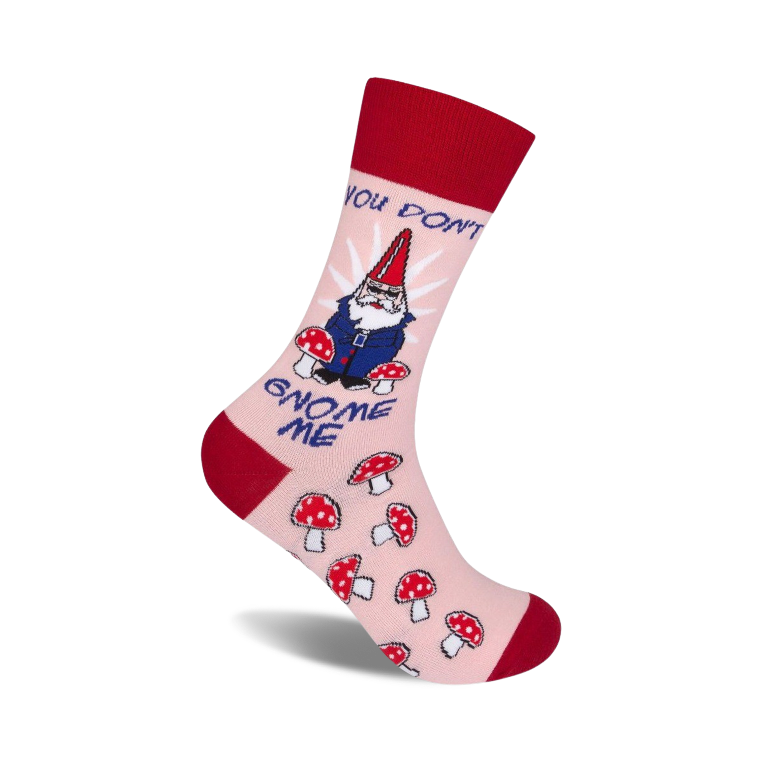 Pink crew socks with a red cuff, featuring a cartoon gnome in sunglasses and mushrooms. Text reads, 'You Don't Gnome Me'.
