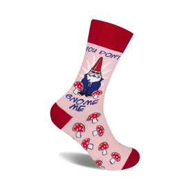  red and pink crew socks with a funny cartoon gnome and a "you don't gnome me" message   