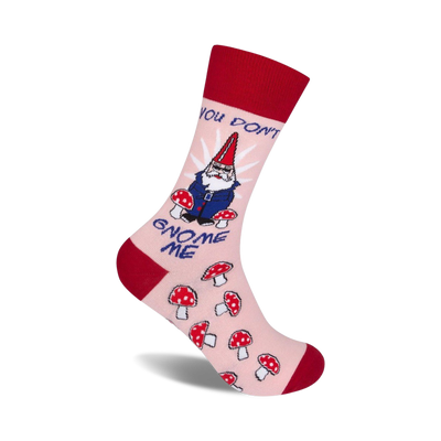  red and pink crew socks with a funny cartoon gnome and a "you don't gnome me" message   