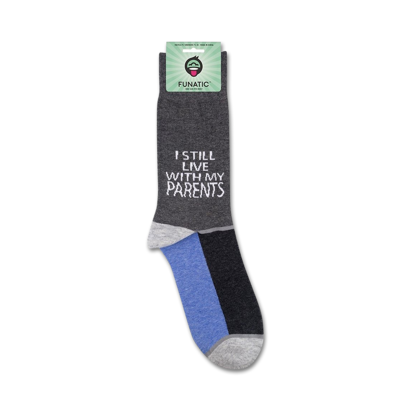 A close-up showing the socks on their packaging.  'I still live with my parents' is clearly visible.