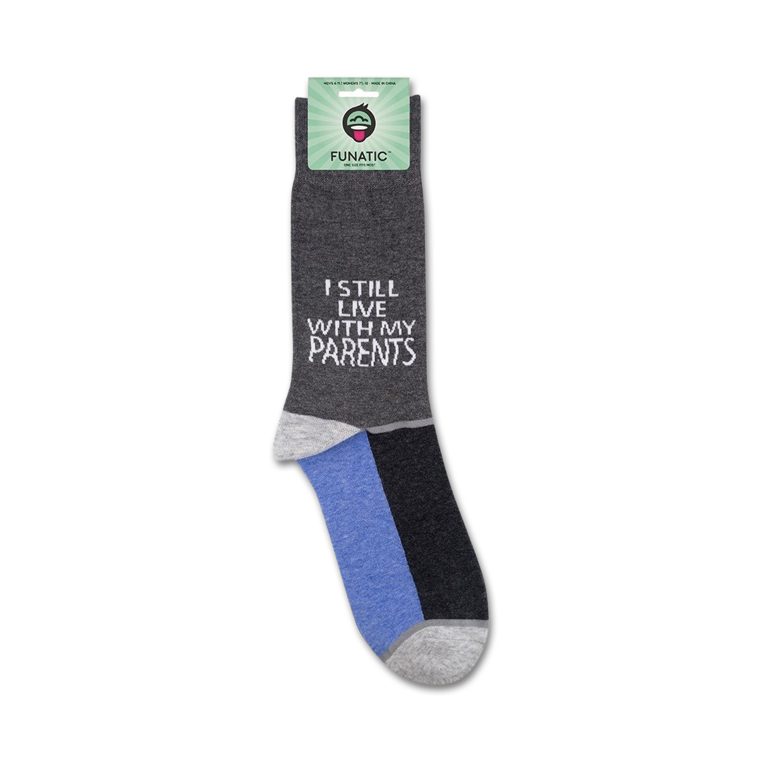A close-up showing the socks on their packaging.  'I still live with my parents' is clearly visible.